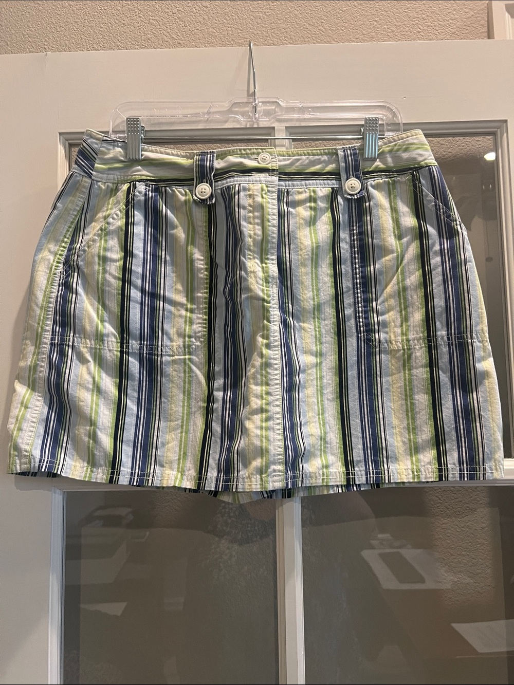 New York & Company Vertical Stripe Skort in Navy, White & Lime